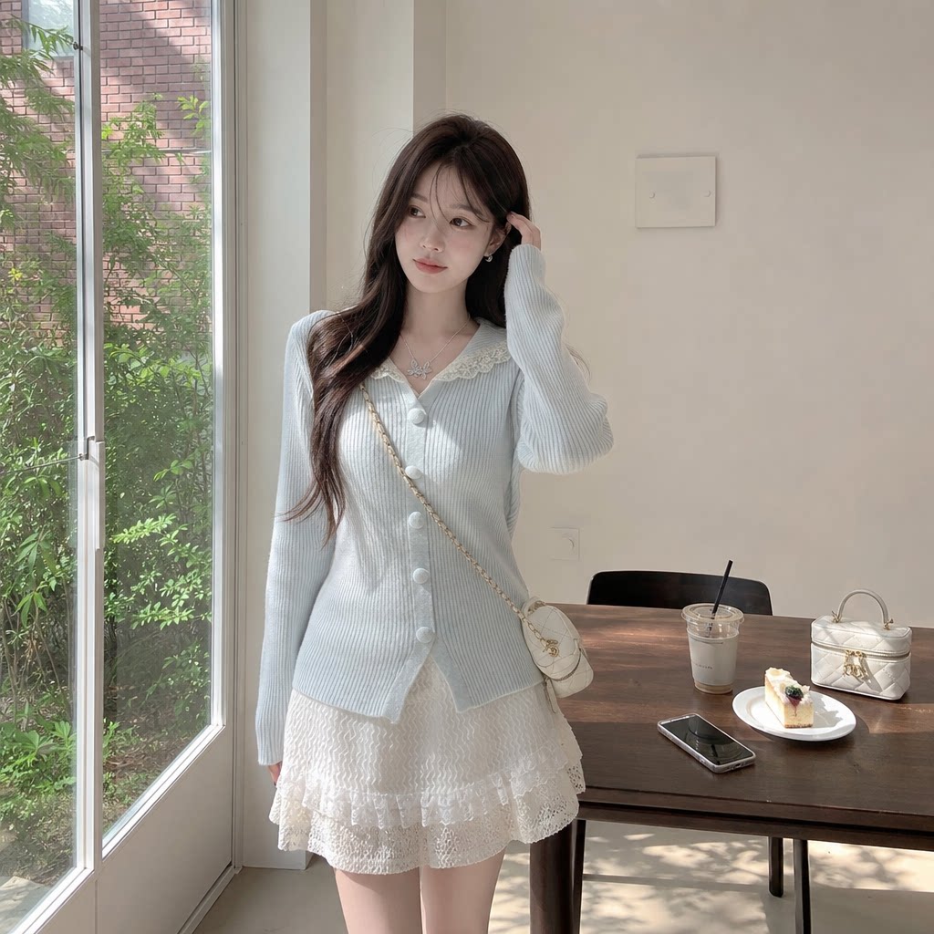 法式蕾丝V领修身显瘦针织打底