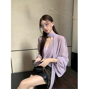 女秋季 雪纺衬衫 宽松气质飘带上衣内搭两件套 紫色交叉v领长袖 法式