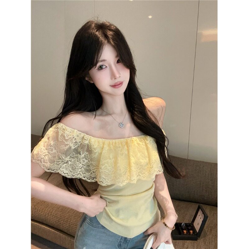 法式纯欲风蕾丝荷叶边斜领收腰T恤衫女夏季别致漂亮露肩针织上衣