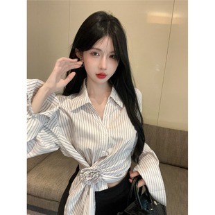 上衣独特别致收腰衬衣 美式 不规则polo领条纹衬衫 女秋季 甜辣妹短款