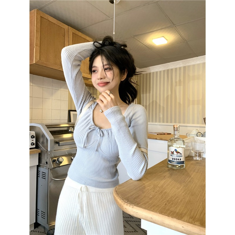 春秋新款辣妹纯欲风方领系带长袖T恤女修身显瘦内搭露脐上衣ins潮