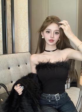 港风辣妹毛毛抹胸女秋冬新款性感内搭无袖修身短款内搭打底上衣