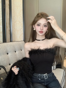 港风辣妹毛毛抹胸女秋冬新款性感内搭无袖修身短款内搭打底上衣