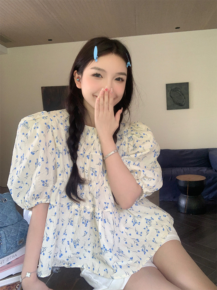 大码胖妹妹mm宽松法式圆领泡泡袖小清新蓝花短袖衬衫女夏季上衣潮