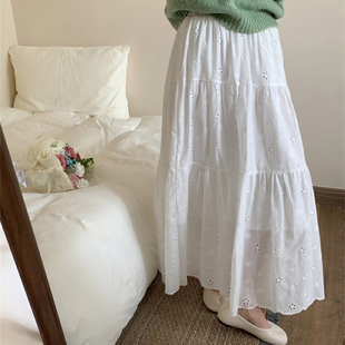 棉质/超仙气韩货绣花拼接a字蛋糕蓬蓬中长款半身裙子年夏季设计感