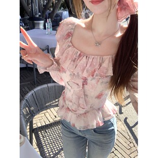 洋气甜美碎花荷叶雪纺长袖上衣新款衬衫绝美法式一字设计粉色气质