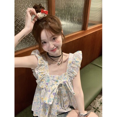 2026夏新款甜美系带蝴蝶结背心女外穿法式碎花小衫减龄荷叶袖上衣