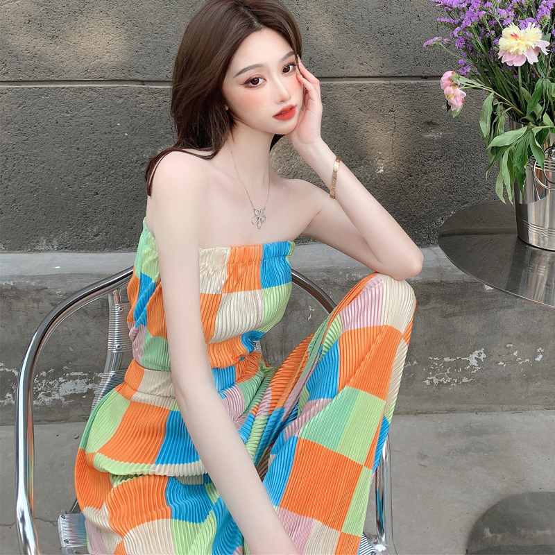 休闲时尚套装女2024夏季新款小个子抹胸格子上衣高腰阔腿裤两件套