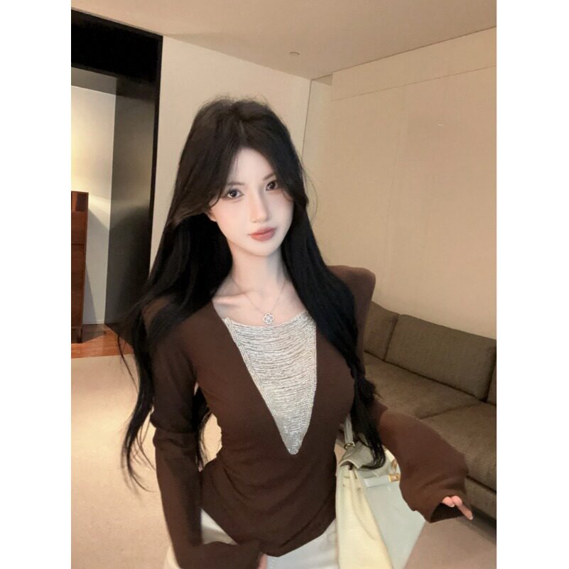 珠绣V领长袖修身显瘦T恤女秋新