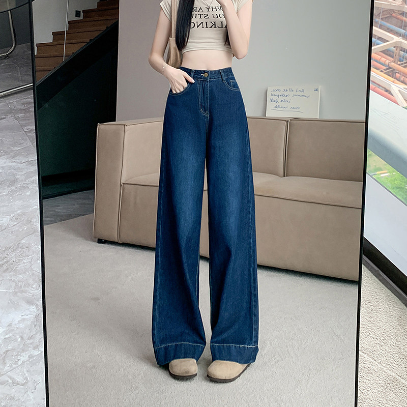 复古水洗阔腿牛仔裤女秋季新款高腰显瘦直筒裤百搭垂感拖地长裤子