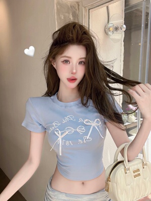 短款圆领蝴蝶结短袖T恤女夏季2024新款韩版甜美百搭修身显瘦上衣