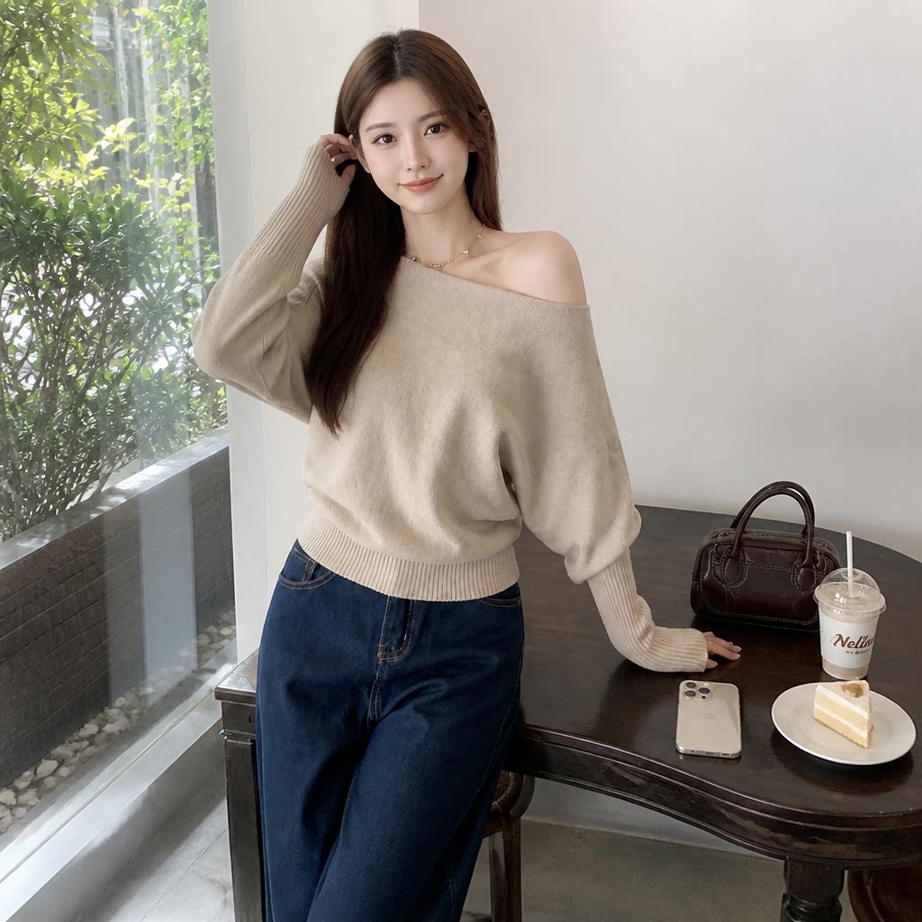 法式慵懒一字肩蝙蝠袖毛衣女