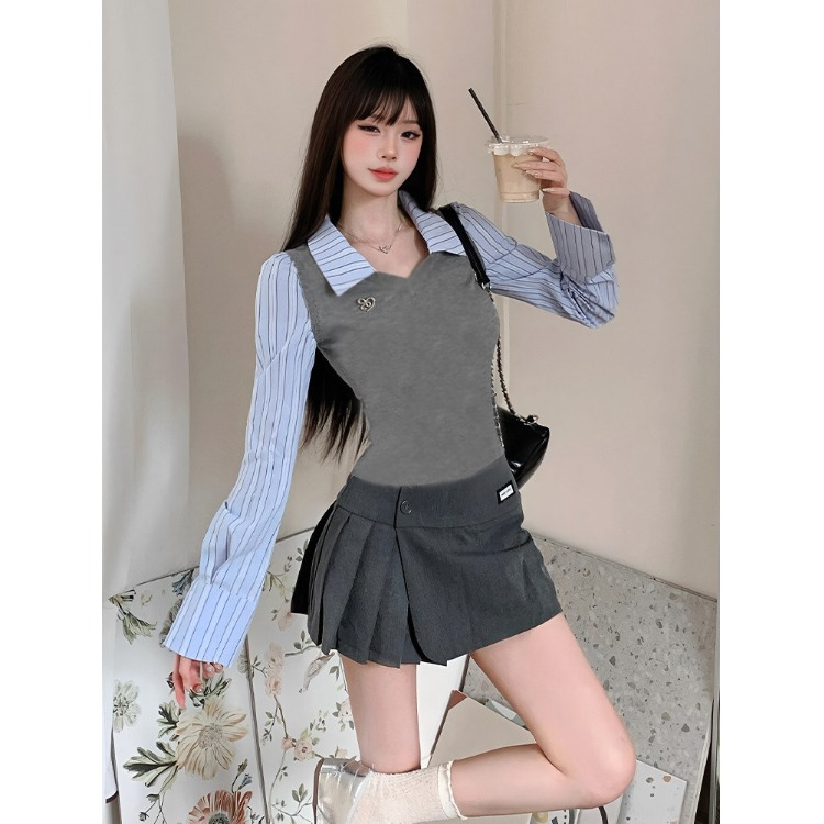 韩版条纹假两件长袖衬衫女秋季修身显瘦拼接针织马甲通勤短款上衣