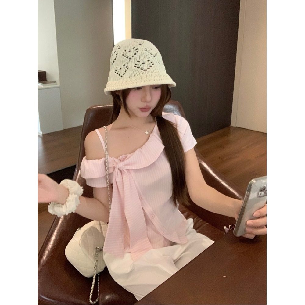 法式蝴蝶结粉色条纹短袖衬衫