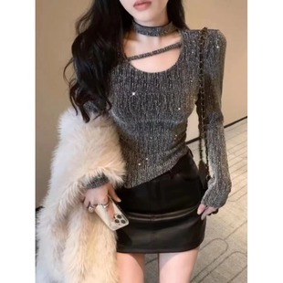 纯欲辣妹挂脖上衣女春秋不规则显身材别致绝美亮丝打底衫内搭