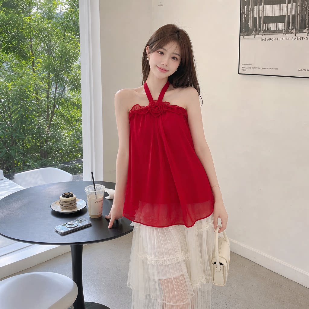 小清新立体花朵显瘦吊带背心