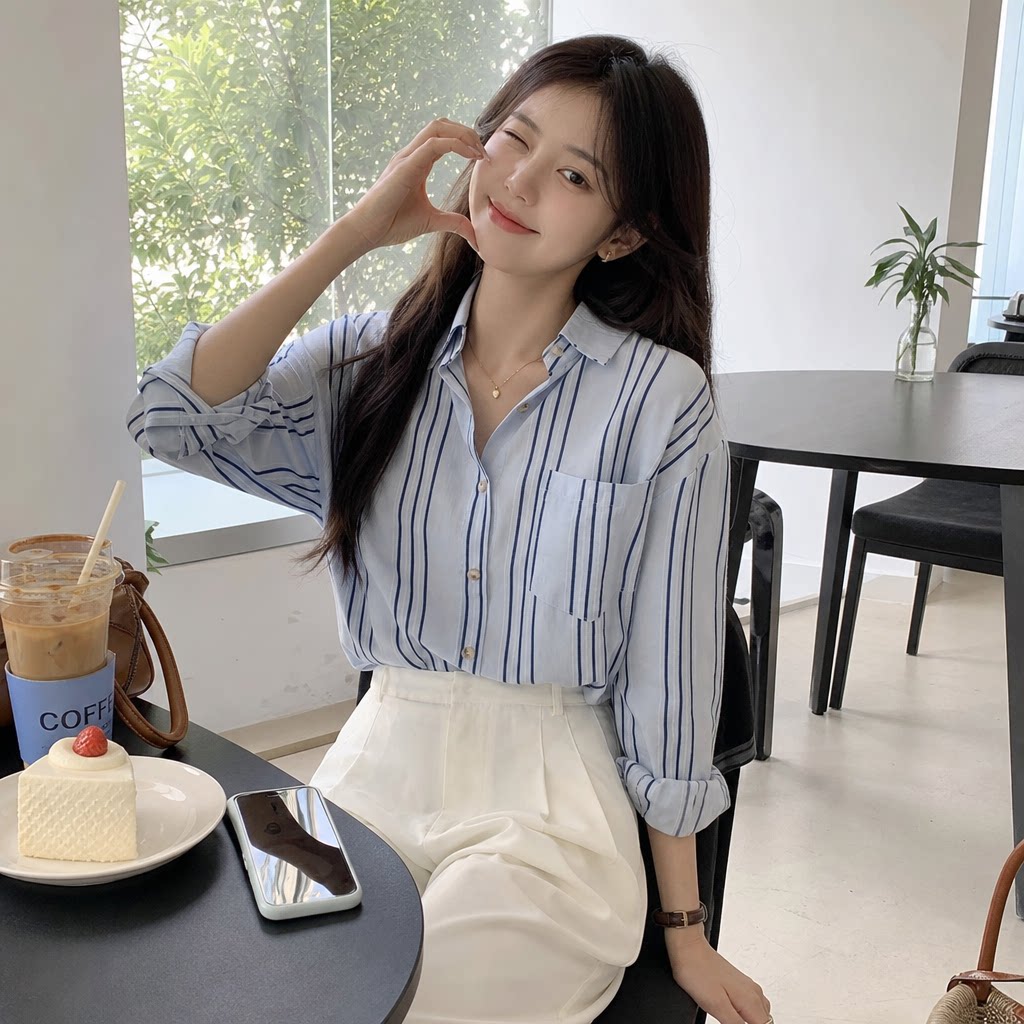 韩版渐变条纹丝滑垂感女衬衫