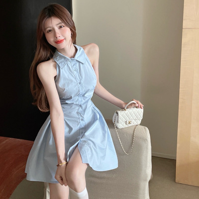 小众短裙蓝色挂脖连衣裙