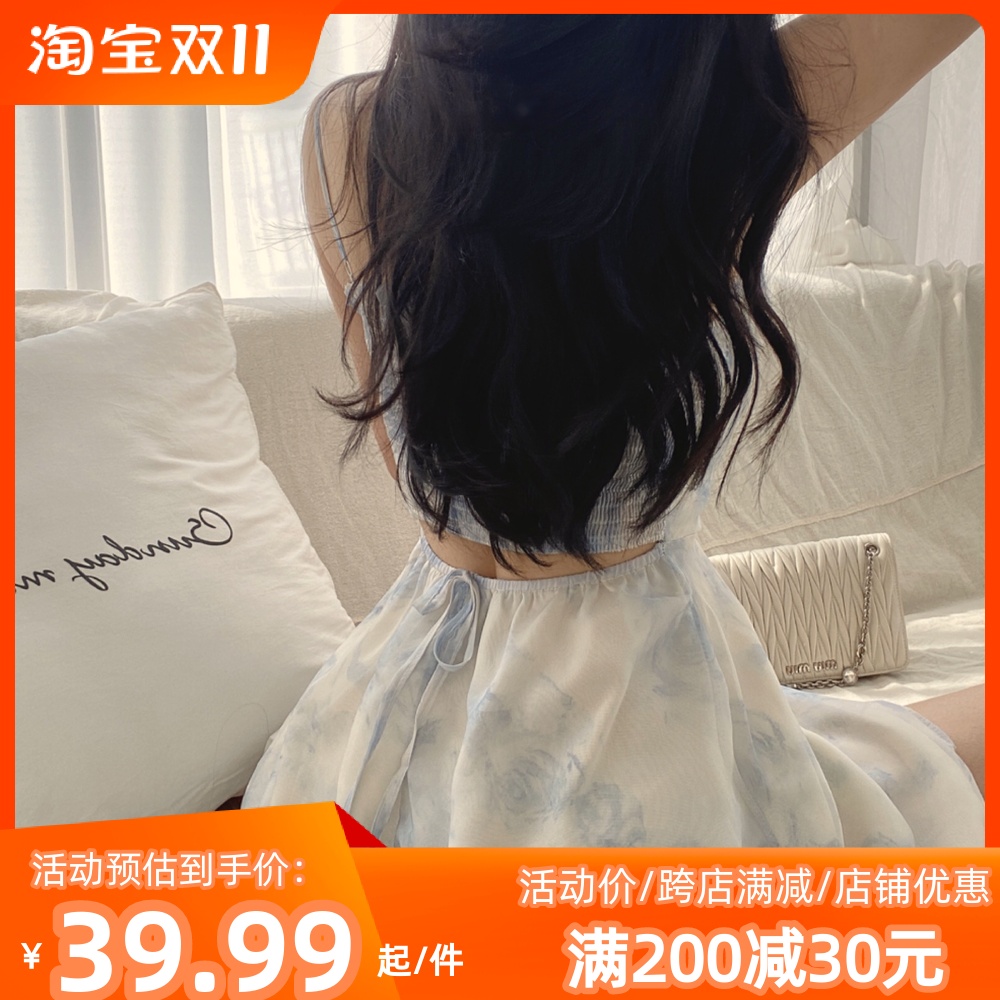韩版chic夏季小清新水墨画印花镂空露背小个子雪纺无袖吊带连衣裙