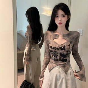 纯欲辣妹挂脖鱼骨上衣女秋冬不规则扎染长袖t恤喇叭袖打底衫内搭