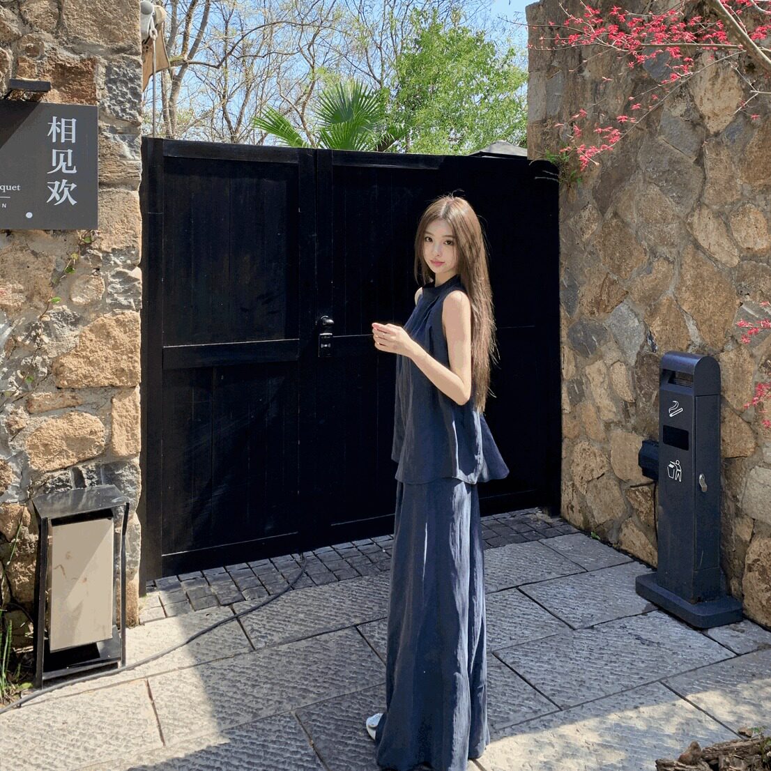 夏装韩系高级感无袖阔腿裤两件套