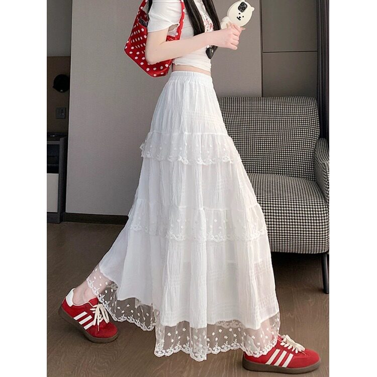 白色半身裙女设计感蕾丝花边蛋糕裙春夏高腰法式长裙大摆a字裙子