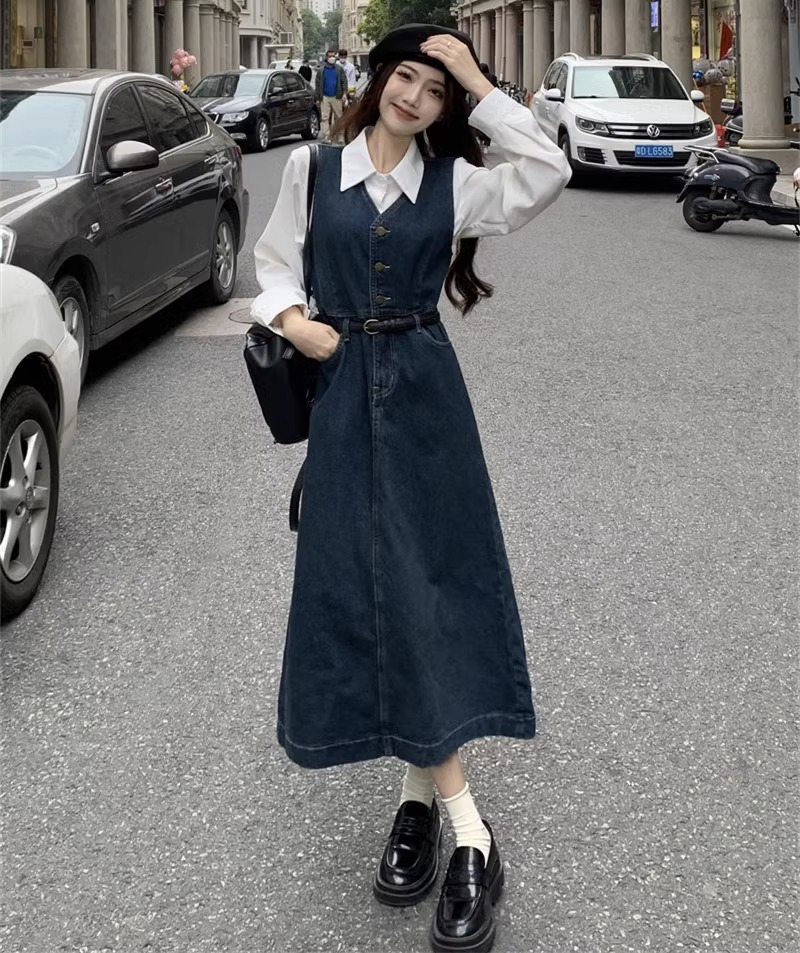 中长款收腰牛仔连衣裙女学生