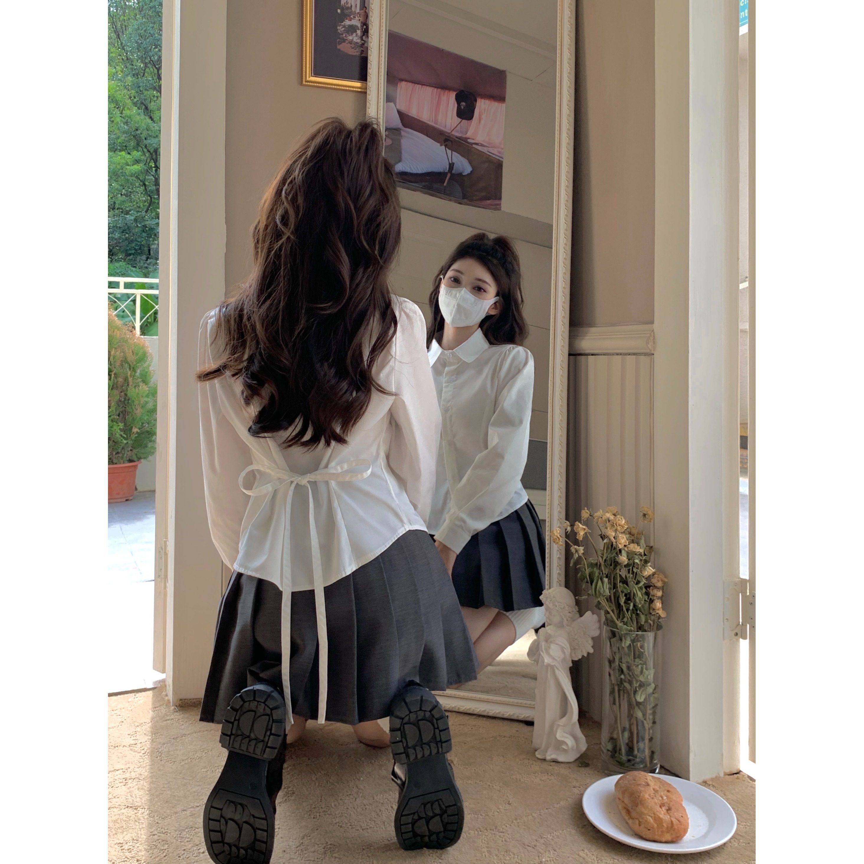 甜辣学院风长袖白色衬衫女春秋收腰显瘦制服衬衣设计感别致上衣