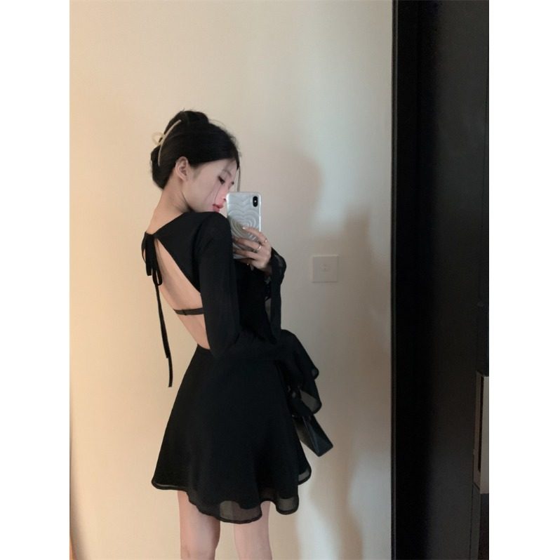 黑色长袖连衣裙女夏季法式御姐风短裙收腰a字露背气质高级感裙子