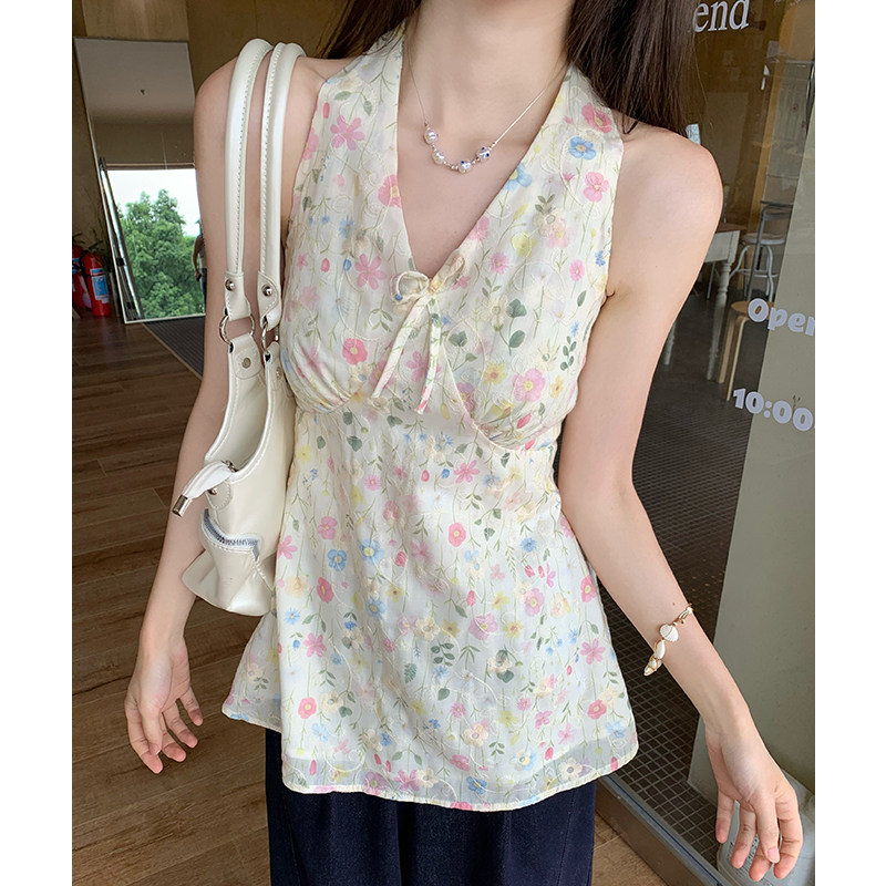 夏季法式碎花露背显瘦吊带背心