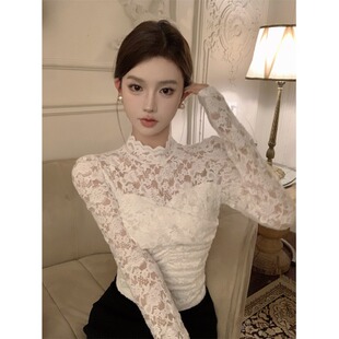 白色半高领蕾丝针织打底衫女秋冬季新款褶皱长袖内搭修身性感上衣