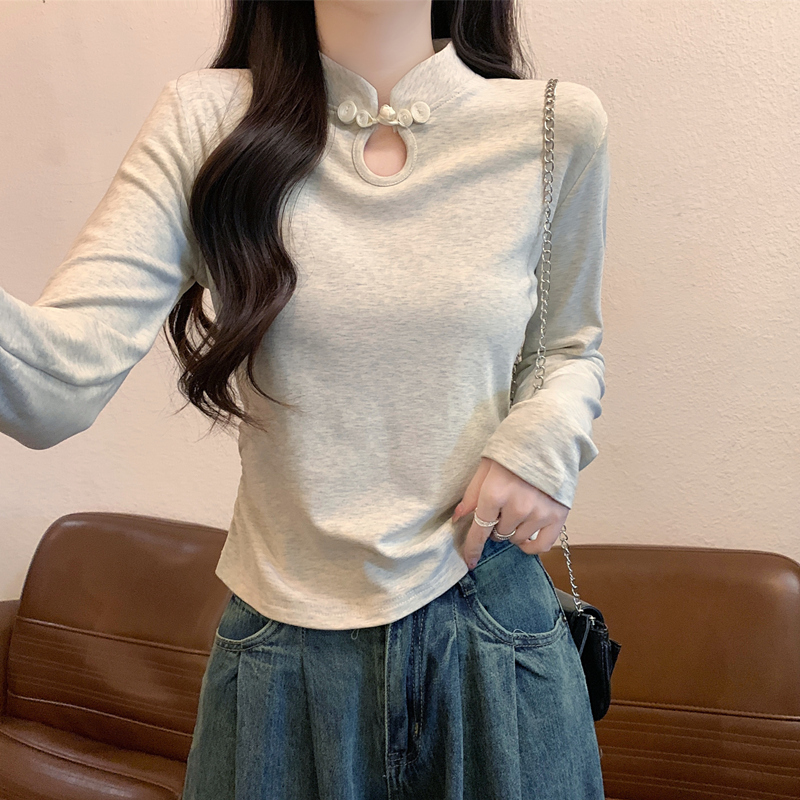 新中式盘扣立领长袖t恤女2025秋季新款国风修身短款打底小衫上衣