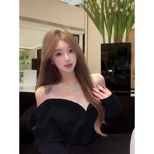 露肩设计感假两件衬衣不规则白色上衣肩上 秋季 网纱拼接长袖 衬衫