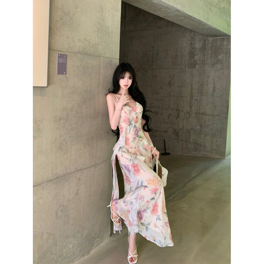度假韩系荷叶边碎花吊带仙女长裙