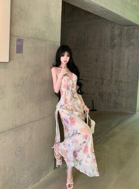度假韩系荷叶边碎花吊带仙女长裙