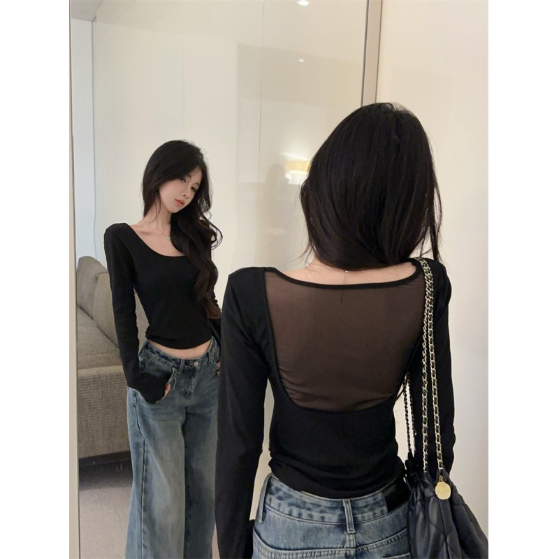 chic小心机露背镂空网纱拼接T恤