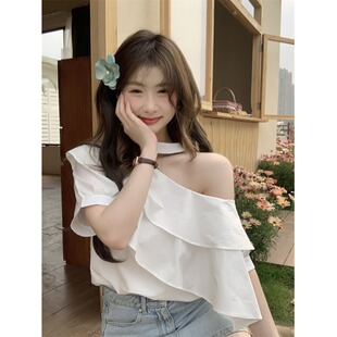 2025边露新款法式斜肩短袖衬衫设计夏季感小众气质荷叶上衣
