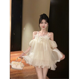 温柔风纯欲性感露肩吊带超仙气短款连衣裙气质高雅宽松短袖a字裙