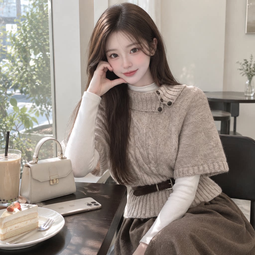 韩系半高领麻花条纹套头毛衣女