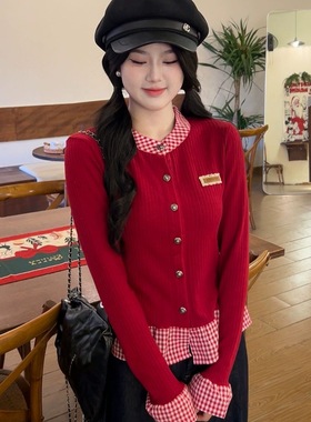 红色格子假两件小个子女秋冬圣诞长袖外套百搭甜美修身短款上衣女
