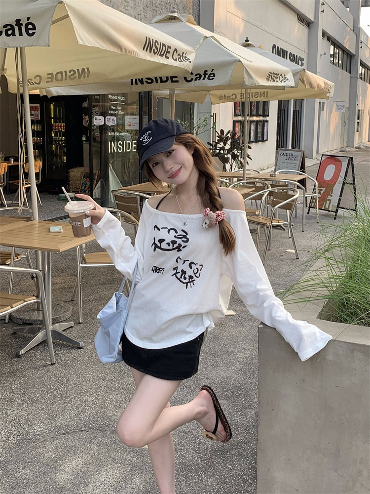 慵懒风一字肩长袖T恤女装夏季新款别致印花薄款罩衫宽松休闲上衣