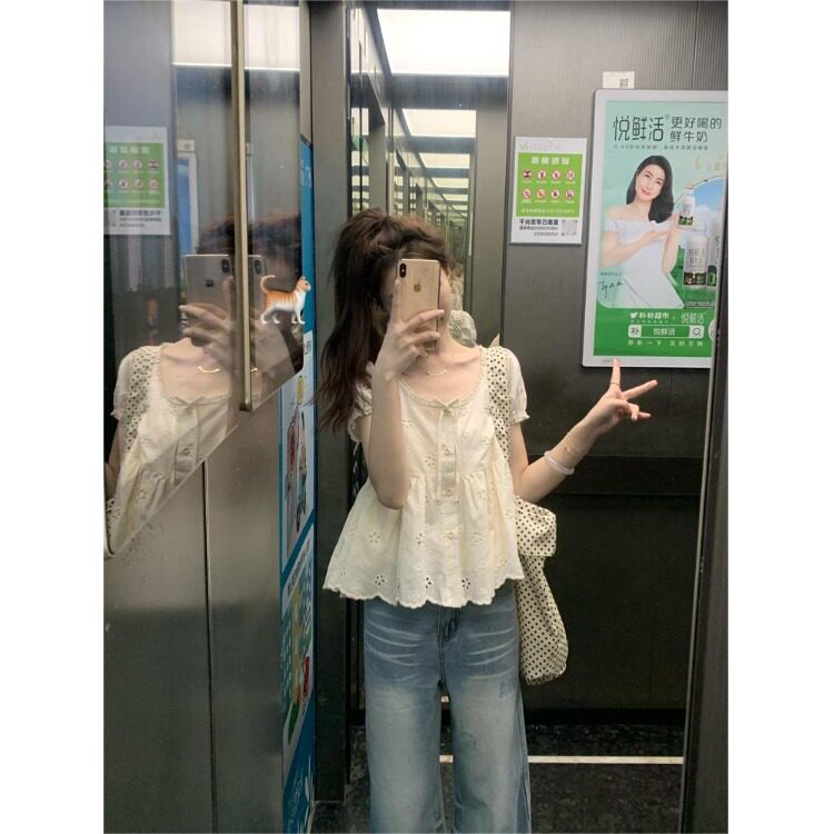 2026夏季日系法式甜美宽松衬衫短袖设计别致感小众圆领镂空上衣