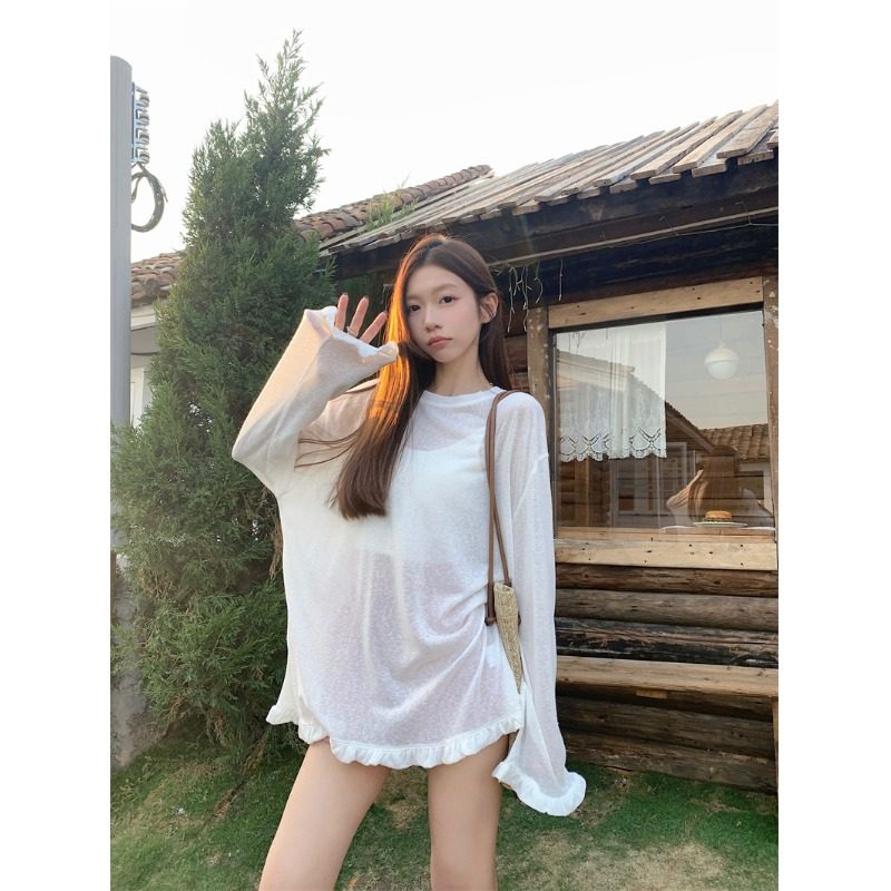 薄款透视长袖T恤女装夏季宽松韩版慵懒风打底chic防晒罩衫上衣女