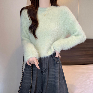 温柔纯色仿貂毛毛衣女秋冬2025新款慵懒风宽松短款针织百搭上衣潮