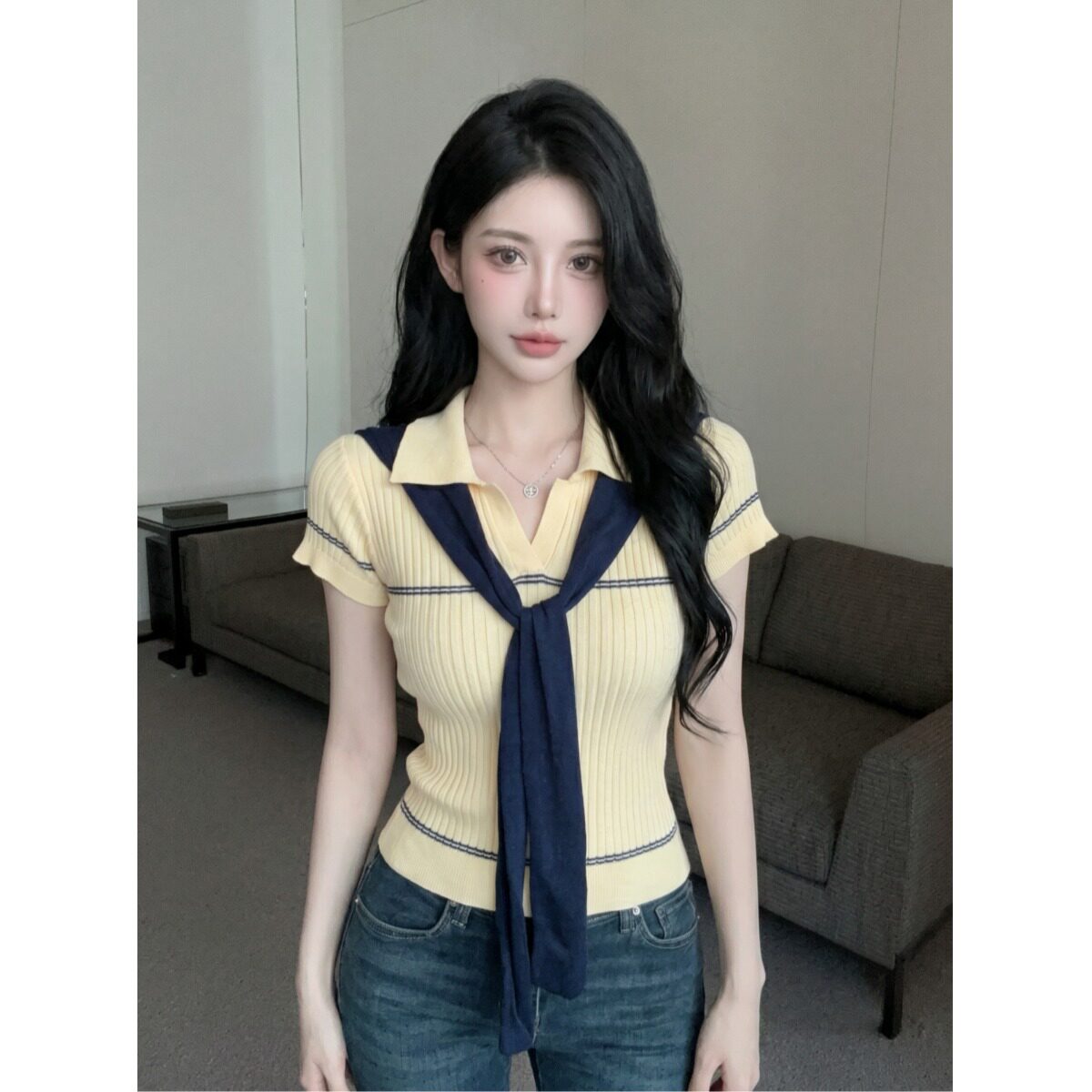 韩系黄色冰丝polo领修身T恤女