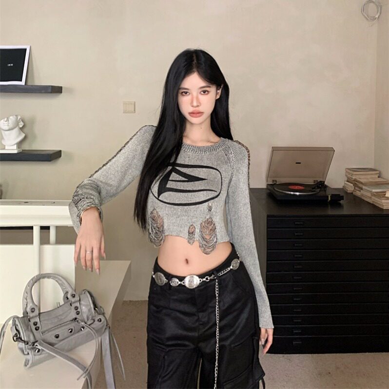 美式复古破洞镂空针织衫女秋季设计感小众甜辣妹短款修身长袖上衣