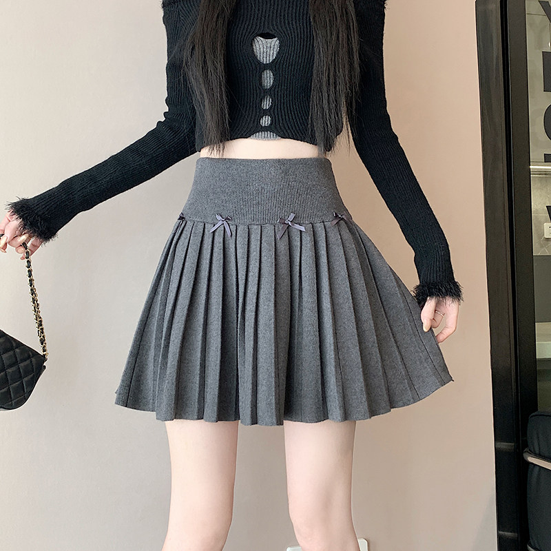 蝴蝶结针织半身裙女秋冬款松紧腰百褶裙小个子短款高腰显瘦a字裙