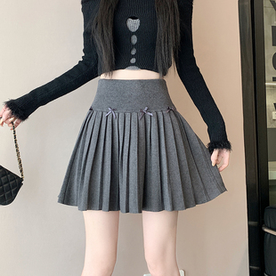 蝴蝶结针织半身裙女秋冬款松紧腰百褶裙小个子短款高腰显瘦a字裙