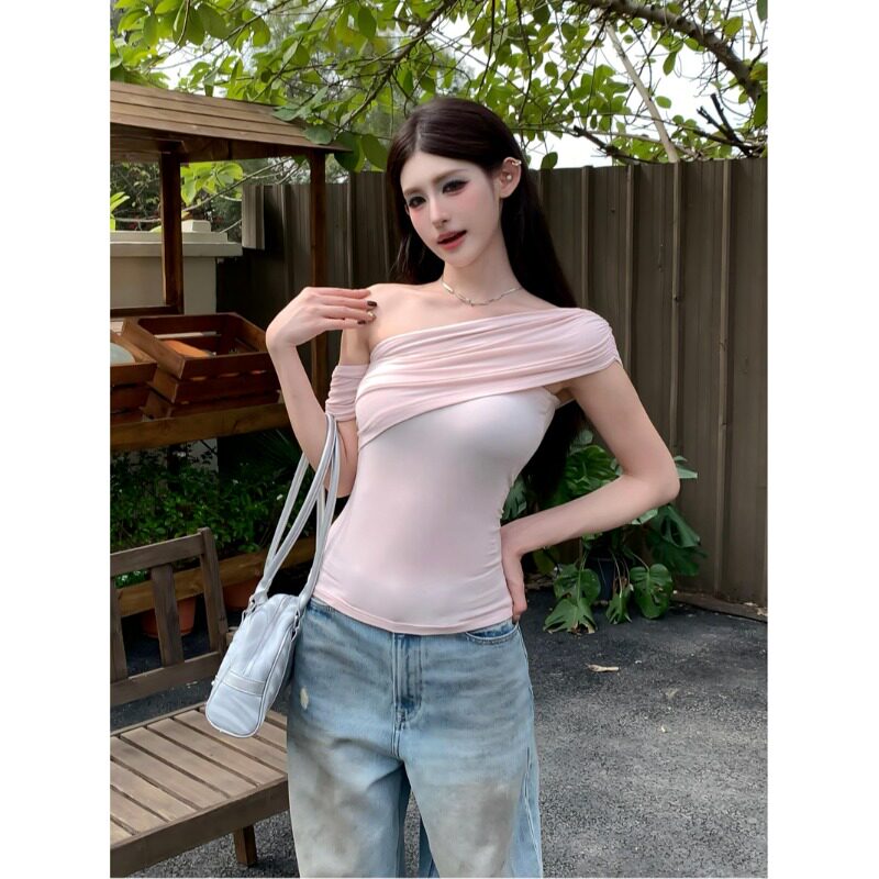 性感辣妹一字肩飘带短袖T恤女夏季纯欲风修身显瘦短款白色上衣服