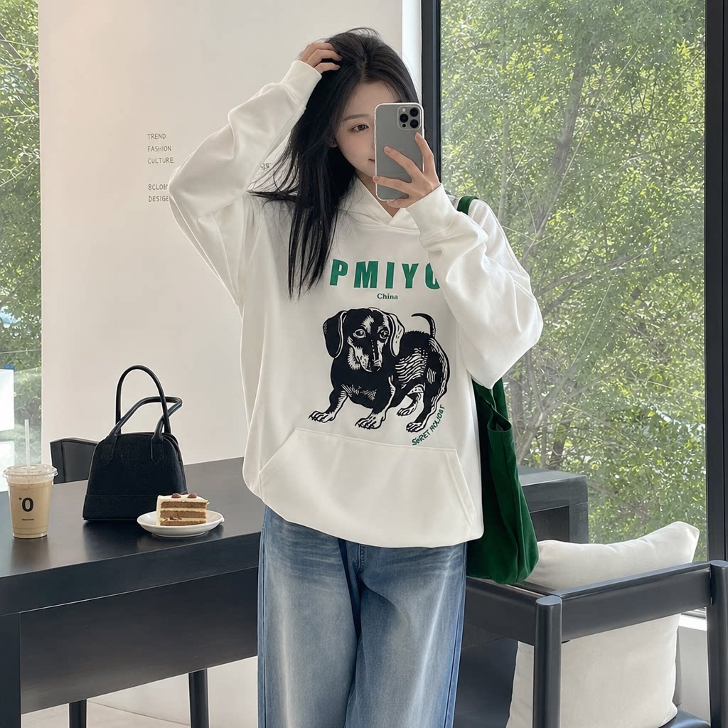 美式复古重磅宽松连帽卫衣女款